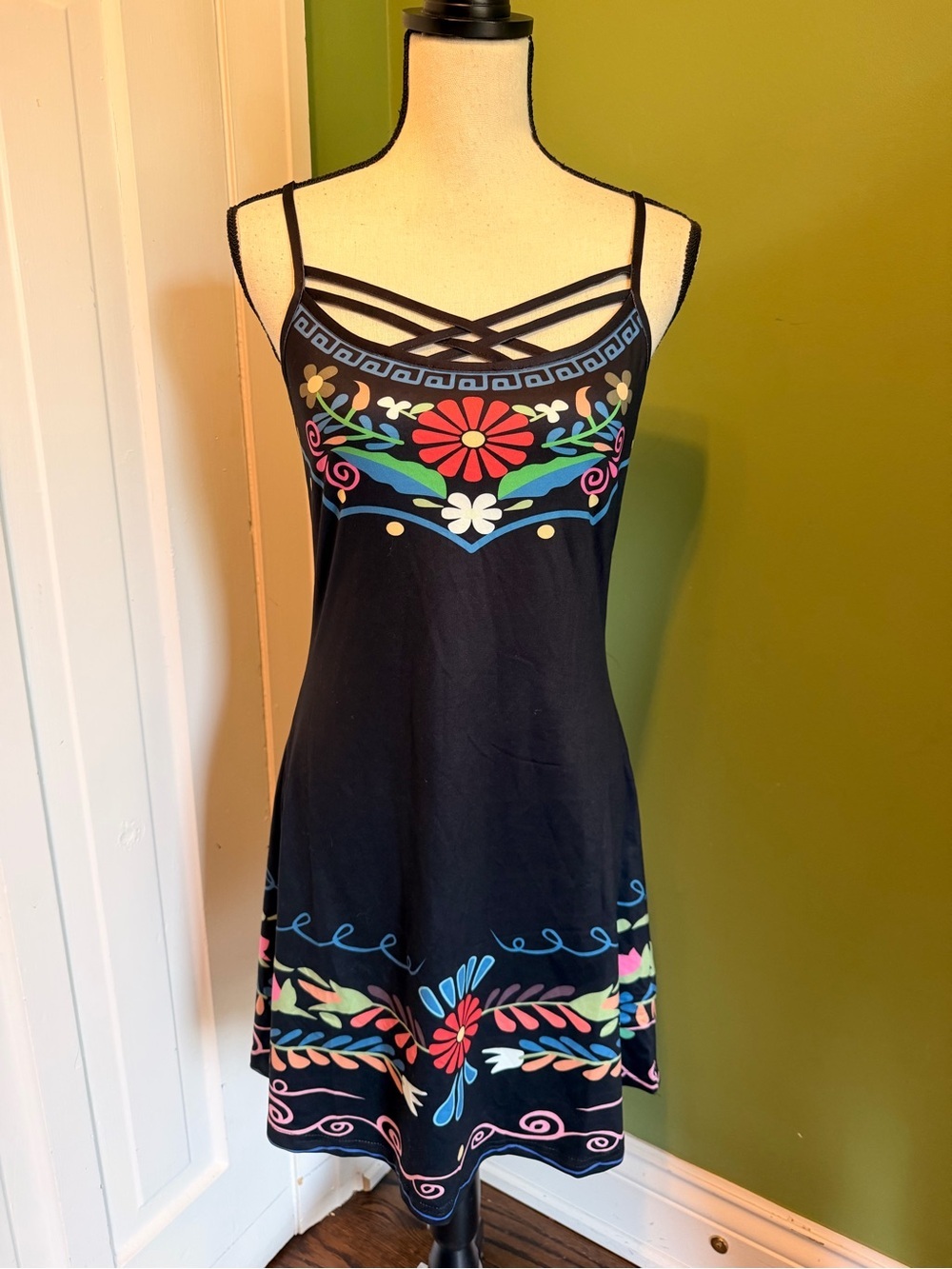 Black Floral Strappy Nightdress with Multicolor Embroidery